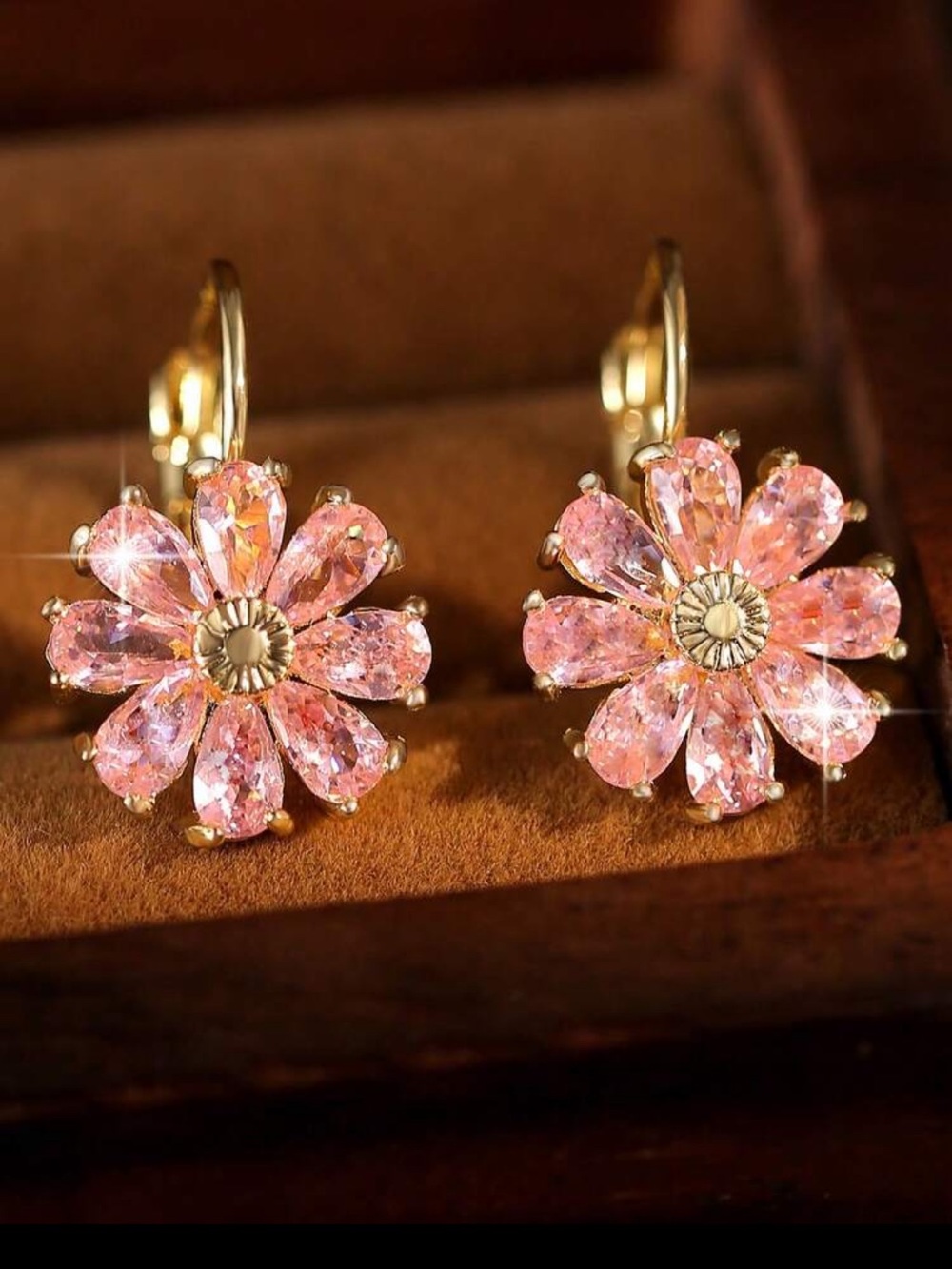 Gold-Tone Pink Crystal Flower Drop Earrings